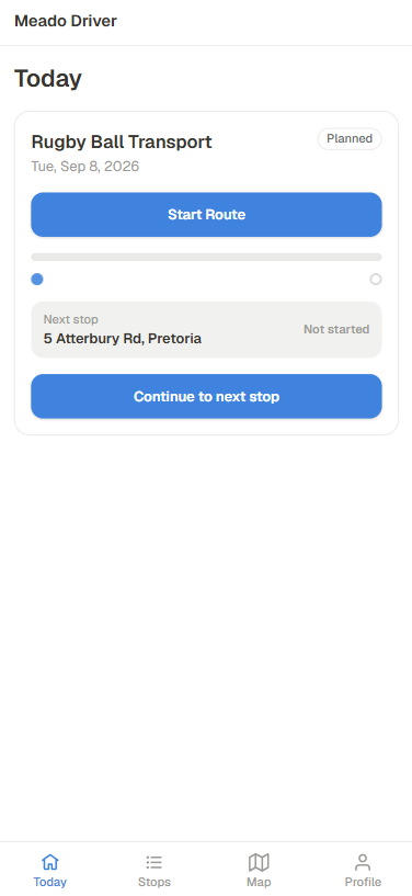 The driver app's Today screen: one route for the day and a Start Route button.