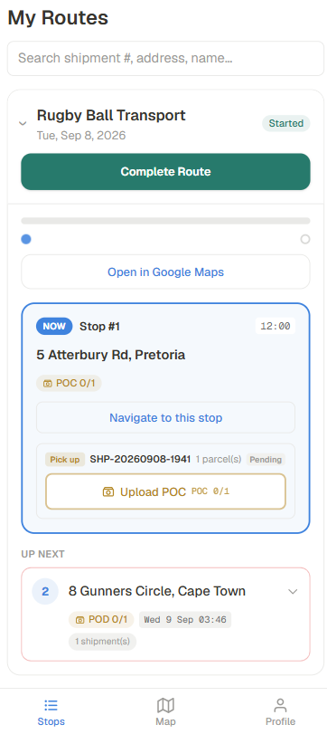 A started route: the current stop marked NOW with its address, a proof-of-collection counter and an upload button, and the next stop queued below it.