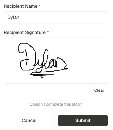 Proof of delivery capture: a recipient name field and a signature drawn on the screen.