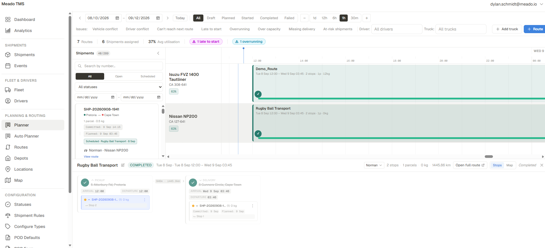 The meado TMS planner: issue detection, live counters, the shipment backlog, a vehicle timeline and route detail, all on one screen.